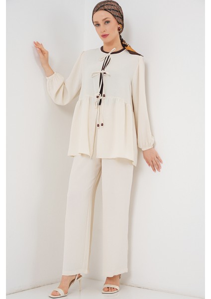 Kadın Önü Bağcıklı Tunik Pantolon Ikili Takım 6744 - Ekru fırsatları