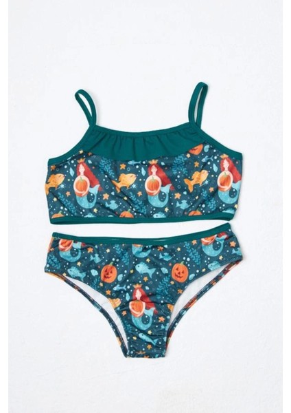 Kız Çocuk Bikini Takımı Ince Askılı Yeşil Balık Desenli