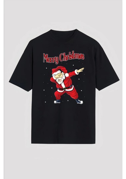 Merry Christmas Baskılı Noel Babalı T-Shirt - Siyah