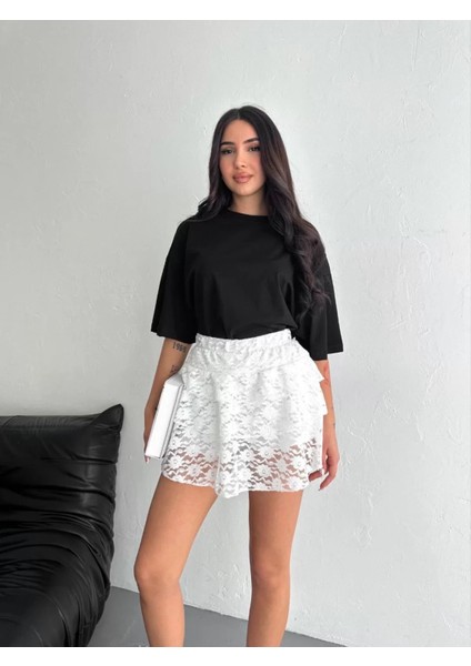 Yüksek Bel Beli Lastikli Dantel Işlemeli Kloş Çan Model Şortlu Piliseli Pileli Mini Beyaz Şort Etek