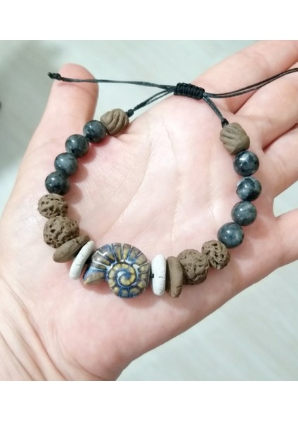 Spektrolit Doğaltaşlı Seramik Salyangoz ve Toprak Boncuklu Unisex Bileklik