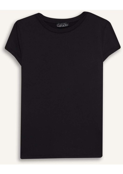 Fitted Bisiklet Yaka Basic Düz Kısa Kollu Siyah Tişört F3833AX25SM