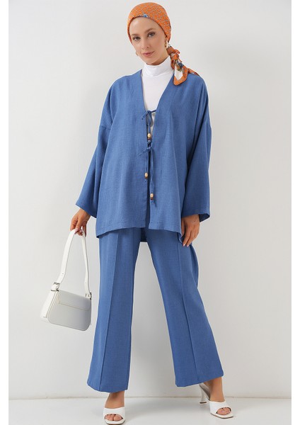 Kadın Keten Kimono Ikili Takım 6727 - Indigo