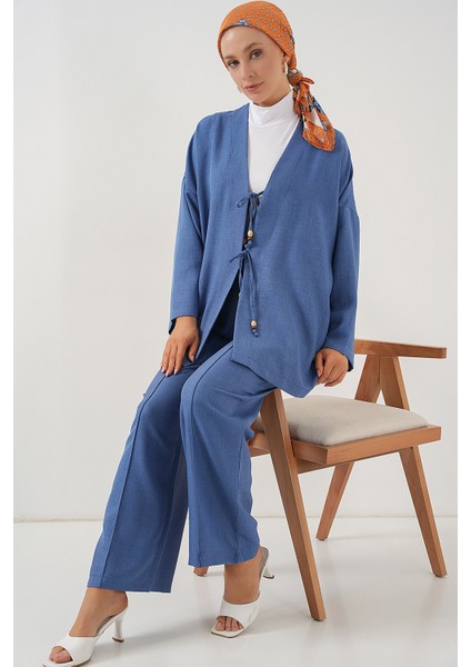 Kadın Keten Kimono Ikili Takım 6727 - Indigo fırsatları