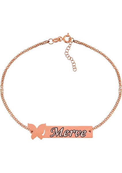 Gümüş Rose Kişiye Özel Kelebek Isimli Bayan Bileklik