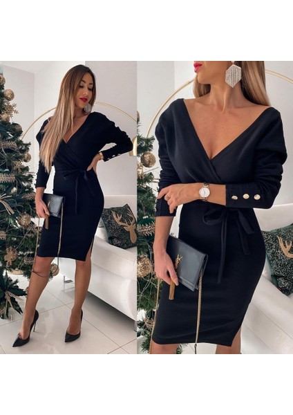 Kadın Uzun Kollu Kruvaze Yaka Bağcık Detay Akrilik Mini Boy Elbise modelleri