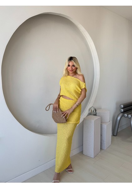 Sarı Dokulu Drape Detaylı Ikili Takım