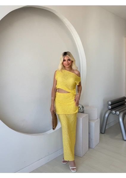 Sarı Dokulu Drape Detaylı Ikili Takım fiyatları