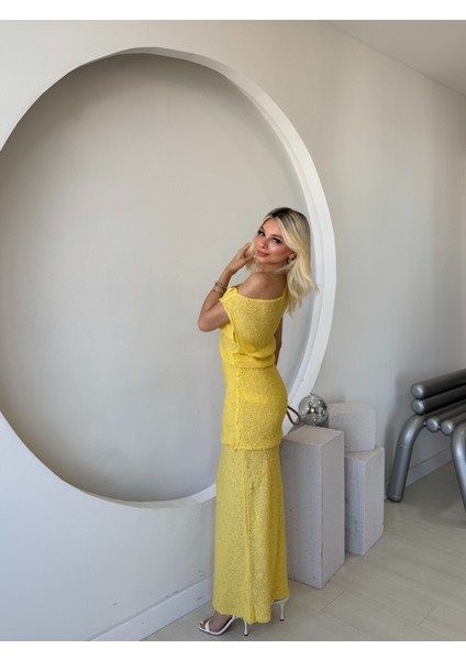 Sarı Dokulu Drape Detaylı Ikili Takım modelleri