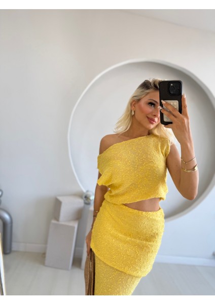Sarı Dokulu Drape Detaylı Ikili Takım fırsatları