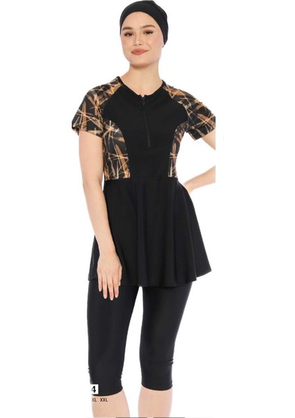 Siyah Kısa Kollu Desenli Yarım Kapalı Mayo – Taytlı C4T7N26