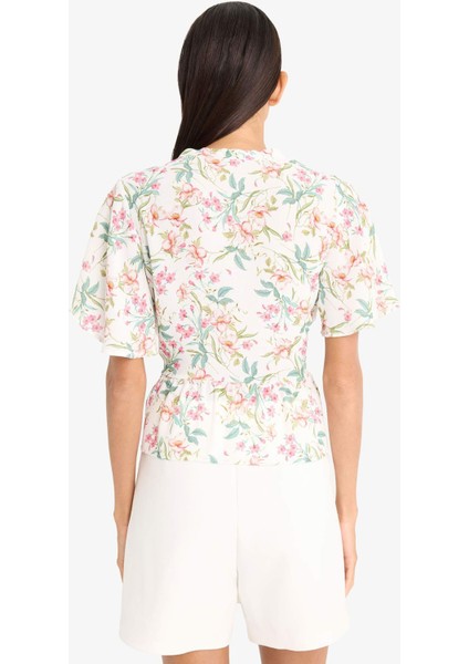 Fitted V Yaka Çiçek Desenli Bağlamalı Maroken Kısa Kollu Bluz F4882AX25SM