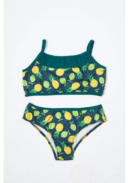 Kız Çocuk Bikini Takımı Ince Askılı Yeşil Limon Desenli