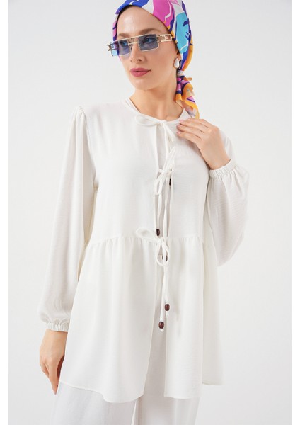 Kadın Önü Bağcıklı Tunik Pantolon Ikili Takım 6744 - Beyaz modelleri