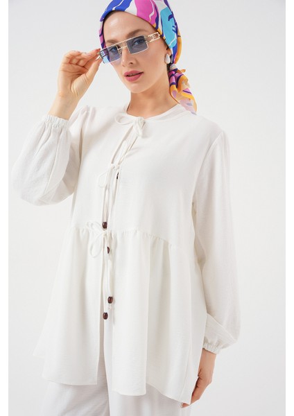 Kadın Önü Bağcıklı Tunik Pantolon Ikili Takım 6744 - Beyaz indirimleri