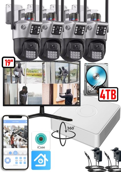 Set 4 Kameralı 4tb HDD Li Güvenlik Kamera Seti Hareketli Kablosuz Akıllı Xmeye + 19" Monitör