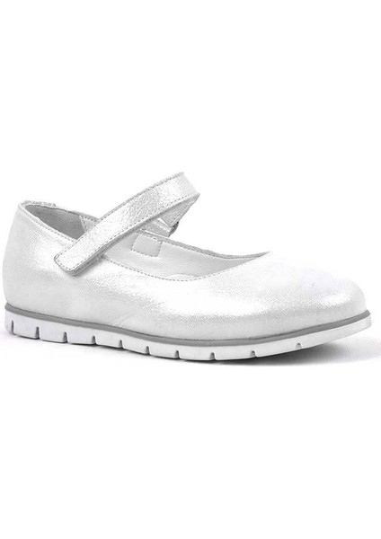 plus Hakiki Deri Gümüş Cırtlı Kız Çocuk Babet