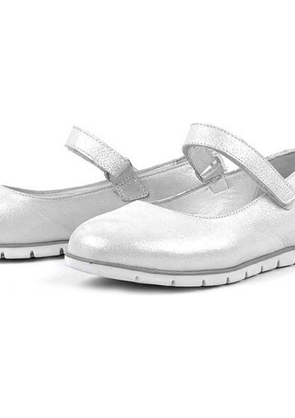 plus Hakiki Deri Gümüş Cırtlı Kız Çocuk Babet