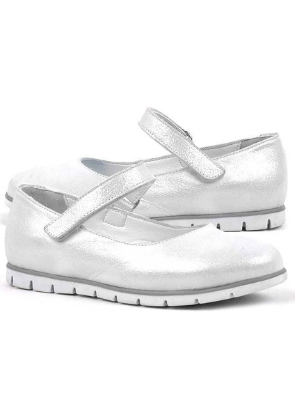 plus Hakiki Deri Gümüş Cırtlı Kız Çocuk Babet