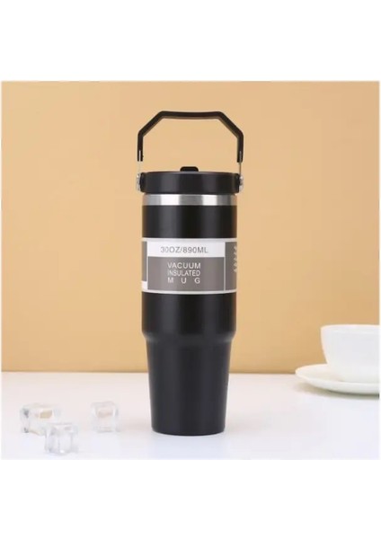 Sap ve Saman ile Yeni 30OZ Termos Kupa | % 100 Sızdırmaz Yalıtımlı Kupa Kapak ve Saman | Paslanmaz Çelik | 30OZ Hediye Kapasitesi: 500-1000ML/RENK: Siyah (Yurt Dışından)