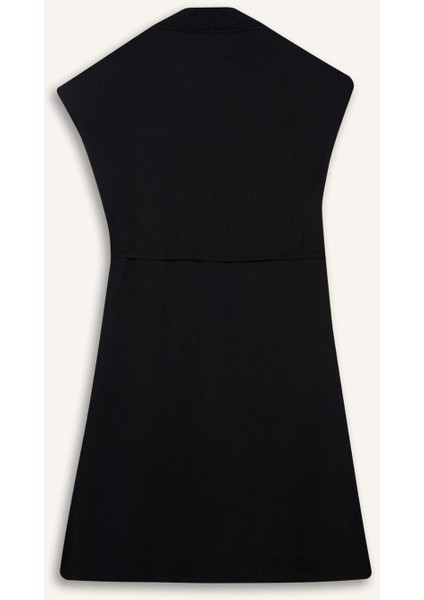 Regular Fit V Yaka Kolsuz Siyah Midi Elbise F4673AX25HS