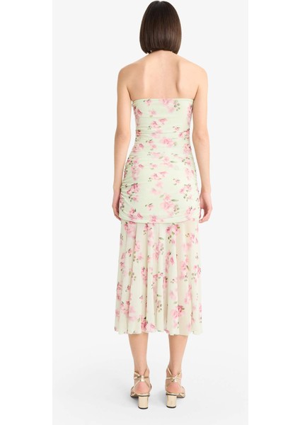 Coool Bodycon Vücudu Saran Straplez Çiçek Desenli Tül Maxi Elbise F5577AX25SM