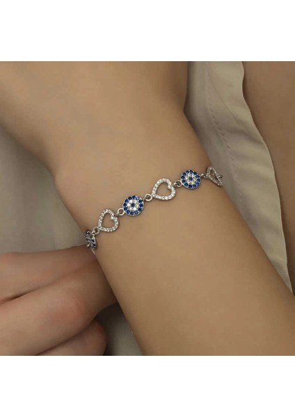 Gümüş Kalpli Nazar Bayan Bileklik indirimleri