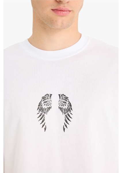 %100 Pamuk Boxy Fit Bisiklet Yaka Sırt Baskılı Kısa Kollu Tişört F5764AX25SM