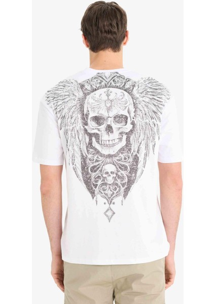 %100 Pamuk Boxy Fit Bisiklet Yaka Sırt Baskılı Kısa Kollu Tişört F5764AX25SM