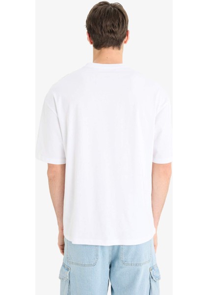 %100 Pamuk Loose Fit Bisiklet Yaka Baskılı Kısa Kollu Tişört F5705AX25SM