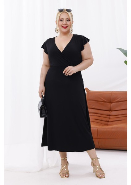 Kadın Siyah Fırfır Kol Kruvaze Yaka Büyük Beden Esnek Maxi Elbise fiyatları