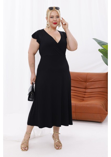 Kadın Siyah Fırfır Kol Kruvaze Yaka Büyük Beden Esnek Maxi Elbise modelleri