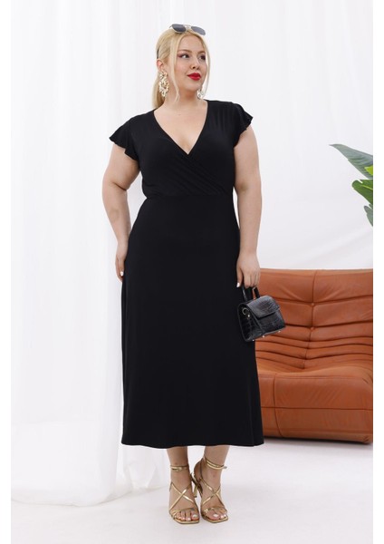 Kadın Siyah Fırfır Kol Kruvaze Yaka Büyük Beden Esnek Maxi Elbise fırsatları