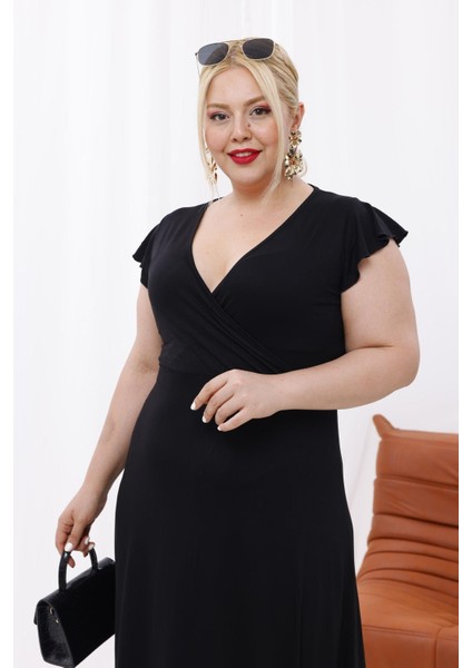 Kadın Siyah Fırfır Kol Kruvaze Yaka Büyük Beden Esnek Maxi Elbise indirimleri