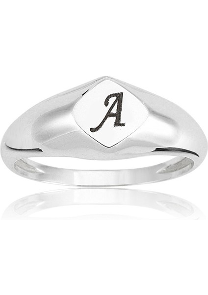 Gümüş Yüzük - Dörtgen Şövalye Mühür Kişiselleştirilebilir Harf Yazılabilir 925 Ayar Gümüş Yüzük
