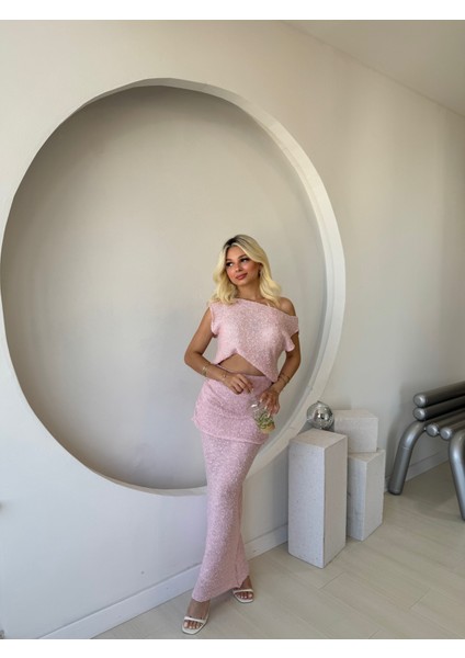 Pembe Dokulu Drape Detaylı Ikili Takım modelleri