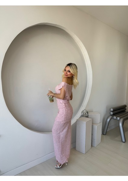 Pembe Dokulu Drape Detaylı Ikili Takım fırsatları