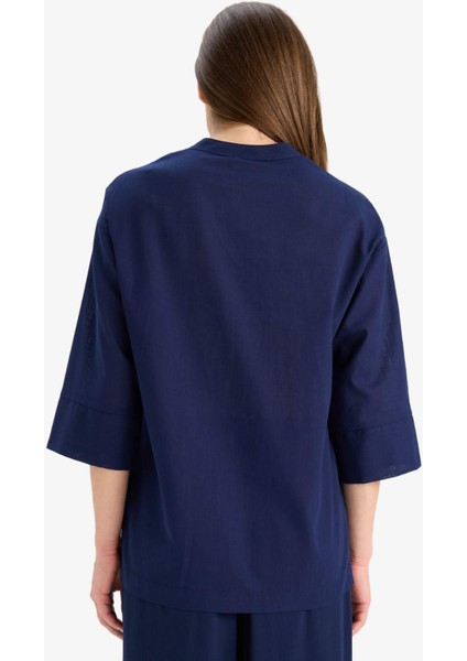 Regular Fit Apaş Yaka Flamlı Pamuk Yarım Kollu Gömlek F5838AX25SM