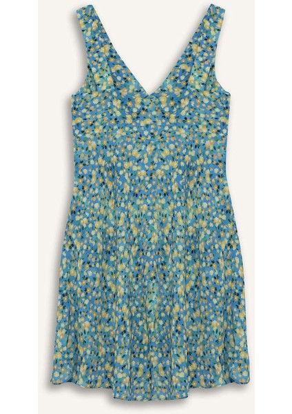 V Yaka Çiçekli Maroken Kolsuz Mini Elbise