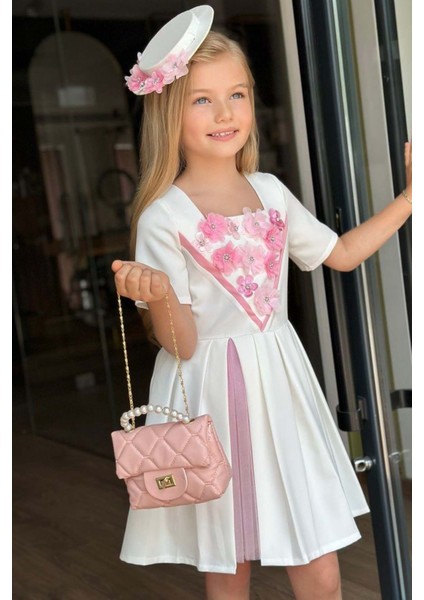 Kız Çocuk Göğsü Çiçek Işlemeli ve Şerit Detaylı Piliseli Beyaz Elbise modelleri