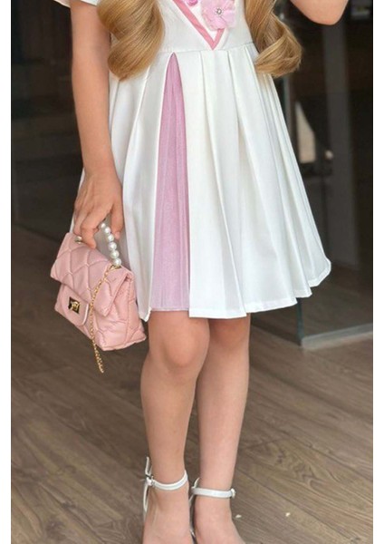 Kız Çocuk Göğsü Çiçek Işlemeli ve Şerit Detaylı Piliseli Beyaz Elbise fırsatları