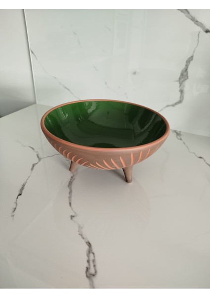 Sunumluk 25 cm Ayaklı Toprak Kazımalı Yeşil Sırlı Sunumluk Kase