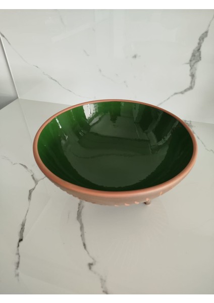 Sunumluk 25 cm Ayaklı Toprak Kazımalı Yeşil Sırlı Sunumluk Kase fiyatları