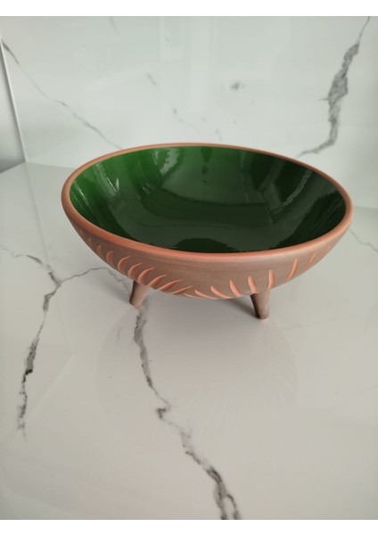 Sunumluk 25 cm Ayaklı Toprak Kazımalı Yeşil Sırlı Sunumluk Kase