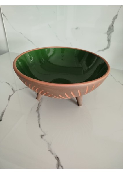 Sunumluk 25 cm Ayaklı Toprak Kazımalı Yeşil Sırlı Sunumluk Kase