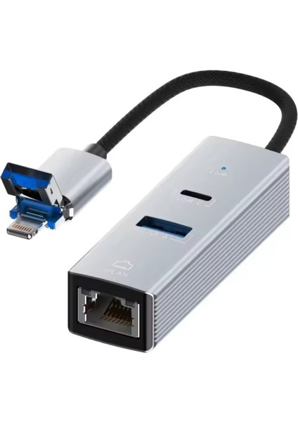 Usb + Lightning Girişli Lan Adaptör | Usb 3.0 Çoklayıcı + Type-C Otg