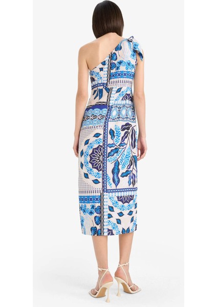 Regular Fit Tropikal Desenli Tek Omuzlu Poplin Plaj Elbisesi-Fall in Love F6296AX25HS