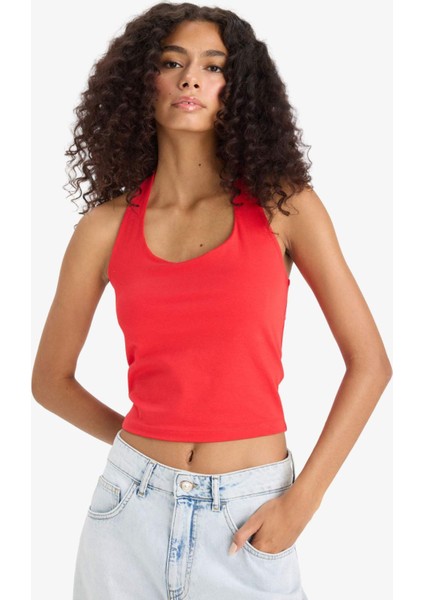 Slim Fit Dar Kesim Crop Halter Yaka Kırmızı Bluz F6279AX25SM