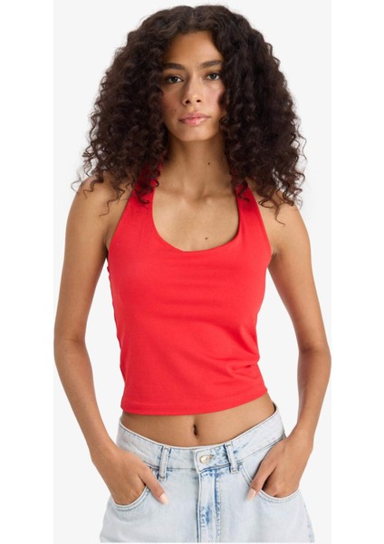 Slim Fit Dar Kesim Crop Halter Yaka Kırmızı Bluz F6279AX25SM