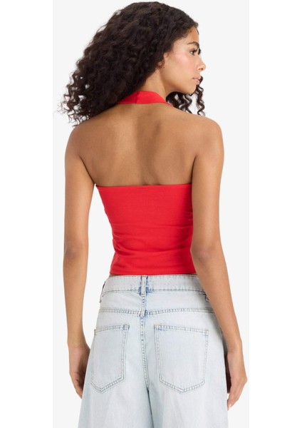 Slim Fit Dar Kesim Crop Halter Yaka Kırmızı Bluz F6279AX25SM